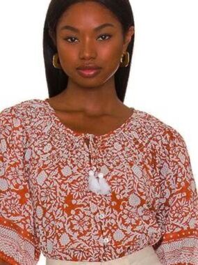 Cleobella Adele Blouse Anila Block Print Organic Cotton Tassel Top S